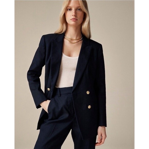 J.Crew 12 Greta Blazer Traveler Linen Blend Navy Blue Oversized Stretch Gold NWT - Picture 2 of 16
